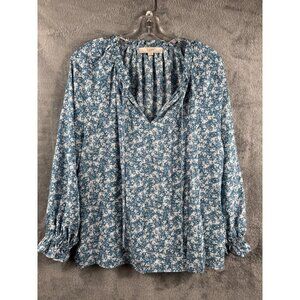 Loft Peasant Blouse Women’s Size Medium Blue Flowers Ruffle Bottom And Sleeves